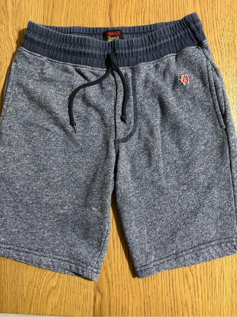 HOMAGE Navy Heather Athletic Drawstring Shorts with Red H Patch